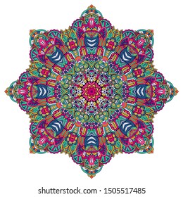 Indian floral paisley ornament. Ethnic Mandala flower print. Festive colorful design element isolated
