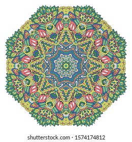 Indian floral paisley ornament. Ethnic Mandala flower print. Festive colorful design element isolated