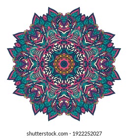 Indian floral paisley ornament. Ethnic Mandala flower and leaves medallion. Festive colorful folk art style tattoo design