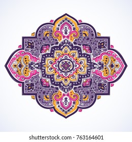 Indian floral paisley ornament pattern. Ethnic Mandala towel, yoga mat. Vector Henna tattoo style. Can be used for textile, greeting business card background, coloring book, phone case print