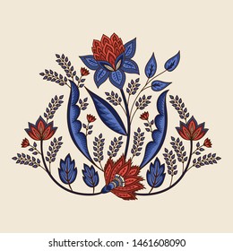 Indian floral paisley pattern vector illustration. Vintage tropical flowers motif chintz print. Ethnic exotic art design. Bohemian ornament for poster, clothing, label, mehndi tattoo template.