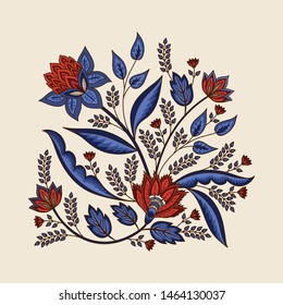 Indian floral paisley pattern vector illustration. Vintage tropical flowers motif chintz print. Ethnic botanical art design. Persian ornament for poster, clothing, label, tattoo template.