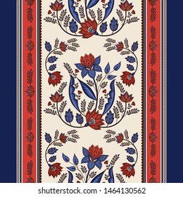 Borda sem emenda de vetor de padrão paisley floral indiano. Motivo de flores tropicais para decoração de tecido de chita. Estampa de ornamento vintage. Design étnico marroquino para mulheres cachecol, roupas, papel de parede.