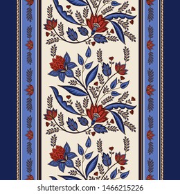 Indian floral paisley pattern vector seamless border. Tropical flowers motif for decoration chintz fabric. Vintage ornament print. Traditional ethnic design for women scarf, clothing, wallpaper.