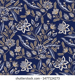 Indian floral paisley pattern vector seamless. Vintage oriental flowers motif print for chintz fabric or batik indonesia sarong. Arabesque design for blanket, wallpaper, rug, textile, clothing.