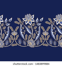 Indian floral paisley pattern vector seamless border. Persian arabesque medallion motif. Vintage flowers ornament print. Ethnic gold and blue design decoration.