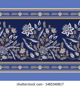 Indian floral paisley pattern vector seamless border. Oriental flowers motif for decoration chintz fabric. Arabesque persian ornament print. Vintage ethnic design for women clothing, wallpaper, rug.