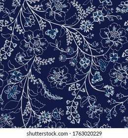 Indian floral paisley pattern vector seamless. Vintage oriental flowers motif print for chintz fabric or batik indonesia sarong. Arabesque design for blanket, wallpaper, rug, textile, clothing.