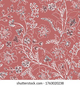 Vector indio de patrones de paisajes florales sin fisuras. Flores orientales vintage impresas para tela chintz o batik indonesia sarong. Diseño árabe para mantas, papel pintado, alfombras, textiles, ropa.
