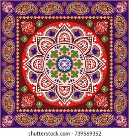 Indian floral paisley seamless ornament pattern. Ethnic Mandala towel, yoga mat. Vector Henna tattoo style. Can be used for textile, greeting business card background, coloring book, phone case print