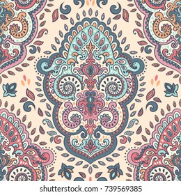 Indian floral paisley seamless ornament pattern. Ethnic Mandala towel, yoga mat. Vector Henna tattoo style. Can be used for textile, greeting business card background, coloring book, phone case print