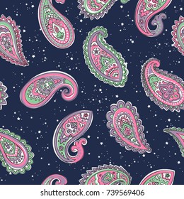 Indian floral paisley seamless ornament pattern. Ethnic Mandala towel, yoga mat. Vector Henna tattoo style. Can be used for textile, greeting business card background, coloring book, phone case print