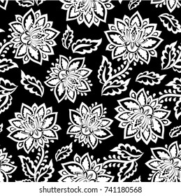 Indian floral paisley seamless ornament pattern. Ethnic Mandala towel, yoga mat. Vector Henna tattoo style. Can be used for textile, greeting business card background, coloring book, phone case print
