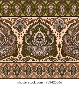 Indian floral paisley seamless ornament pattern. Ethnic Mandala towel, yoga mat. Vector Henna tattoo style. Can be used for textile, greeting business card background, coloring book, phone case print
