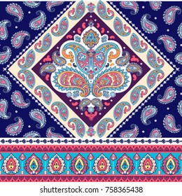 Indian floral paisley seamless ornament pattern. Ethnic Mandala towel, yoga mat. Vector Henna tattoo style. Can be used for textile, greeting business card background, coloring book, phone case print