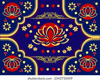 Indian floral pattern design in blue background with red and yellow colour, Lotus background, Flowers  illustration, Botanical wallpaper.