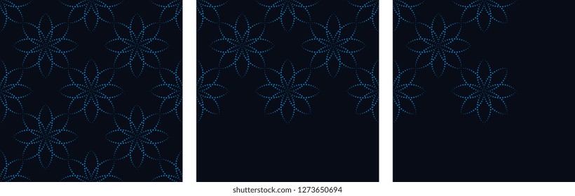 Indian floral pattern dot line design. Simple geometric spotty flowers blue neon motif. Print block with border and corner for fabric, textile accecories, bandana, scarf, pillow case, interior decor.