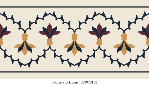 Indian Floral Seamless Beige border. Traditional Arabic Design.  Mosque decoration element. 