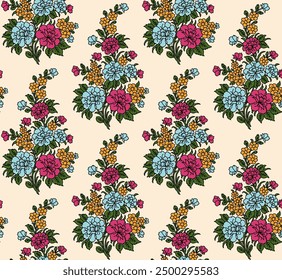 Indian Floral Seamless Vector Pattern, Vintage Oriental flowers Motif Print for Chintz fabric or Batik Indonesia Sarong, Arabesque Design for Blanket, Wallpaper, Rug, Textile, Clothing