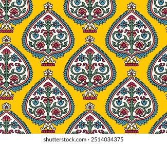 Indian Floral Seamless Vector Pattern, Vintage Oriental Motif for Chintz Fabric or Batik Indonesia Sarong, Arabesque Design for Textile, Print, Wallpaper