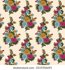 Indian Floral Seamless Vector Pattern, Vintage Oriental Motif Print for Chintz fabric or Batik Indonesia Sarong, Arabesque Design for Textile, Wallpaper