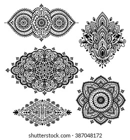 Indian floral set. Ethnic Mandala ornament. Vector Henna tattoo style. Can be used for textile, greeting card, coloring book, phone case print.