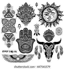 Indian floral set. Ethnic Mandala set. Vector Henna tattoo style. Can be used for textile, greeting card, coloring book, phone case print.