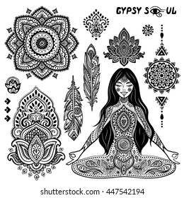 Indian floral set. Ethnic Mandala ornament. Vector Henna tattoo style. Can be used for textile, greeting card, coloring book, phone case print.