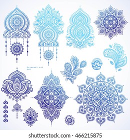 Indian floral set. Ethnic Mandala ornament. Vector Henna tattoo style. Can be used for textile, greeting card, coloring book, phone case print.