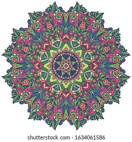 Indian floral vector hand drawn paisley mandala ornament. Festive colorful doodle rosette art flower design element isolated