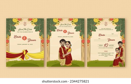 Indian Floral Wedding Invitation Card Templates with Bride Groom Character in Traditional Attire.