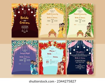 Indian Floral Wedding Invitation Card Like as Haldi, Mehndi, Sangeet, Pheras and Reception Ceremony Template.