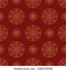 Indian flower fabric print in red, yellow colours. Allover folk vector pattern for adult colouring book, interior, wallpaper, apparel textile, phone case. Asian linear geometric floral design