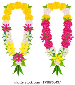 Indian flower garland mala beads for wedding ceremony. Happy ugadi religious holiday spring new year. Vector cartoon illustration isolated on white