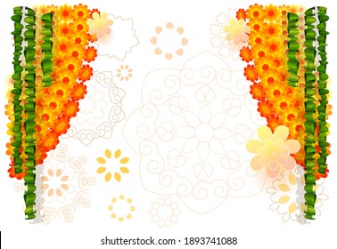 Indian flower garland mala with mango leaves. Festive holiday ornament for ugadi background template greeting card. Vector illustration