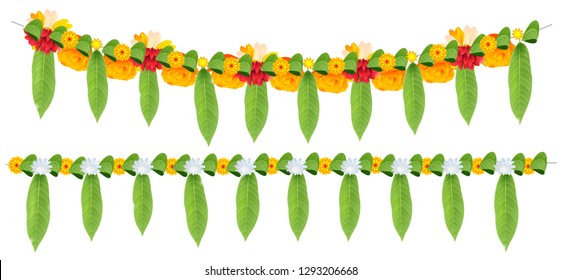 Mariscos de flores indias de hojas de mango y flores de caléndula. Decoración decorativa de las vacaciones de Ugadi. Aislado en ilustración vectorial blanca