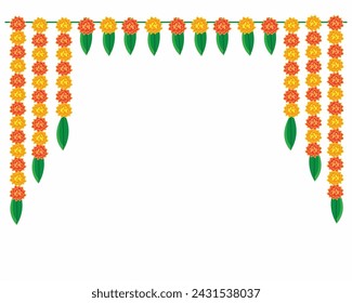 Indian flower garland of mango leaves and marigold flowers wedding and festival decoration background vector illustration.