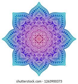 Mandala, un degradado de flores indio. Ornamento étnico circular. Elemento redondo tradicional dibujado a mano. Meditación tema del yoga henna. Impresión única. Plantilla