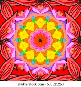 Indian flower mandala. Anti-stress mandala. Decorative colored round ornament. Colorful mandala. Oriental flourish vector. Yoga logo, background for meditation poster.