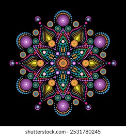 Mandala de flor indiana arte com quadro de círculo colorido de luxo, design Rangoli, padrão circular floral. Ornamento para decoração, decoração espiritual, festividades, cores brilhantes. Isolado no plano de fundo preto