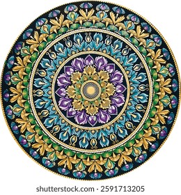 Indian flower mandala art with luxury colorful circle frame, Rangoli design, floral circular pattern. Ornament for decoration, spiritual decor, festivities, bright colors. Isolated on black background