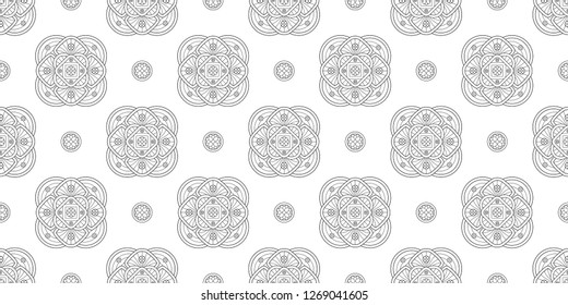 Indian flower mandala design in black and white colours. Eastern ornamental geometric motif. Oriental allover vector design for adult colouring book, interior, wallpaper, fabric, textile, phone case