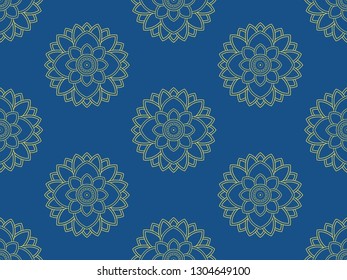 Indian flower mandala motif in blue, yellow colours. Exotic allover vector pattern for adult colouring book, interior, wallpaper, fabric, apparel textile, phone case. Asian floral linear design