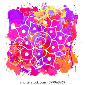 Indian flower on watercolor splash multicolored background. Organic symbol, logo, emblem, icon. Vector illustration