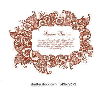 Indian flowers and paisleys border - ethnic floral frame with eastern ornament of India. Vector lable in ornamental style