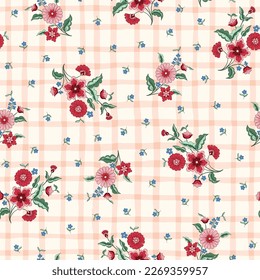 Indische Blumen und Plaid Overlay Vektor nahtlose Muster. Kernpunkt Chintz floraler Hintergrund. Delikate Summer Boho Print