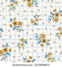 Indische Blumen und Plaid Overlay Vektor nahtlose Muster. Kernpunkt Chintz floraler Hintergrund. Delikate Summer Boho Print