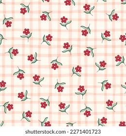 Indian Flowers and Plaid Overlay Vector Seamless Pattern. Cottagecore Chintz Floral Background. Delicate Summer Boho Print