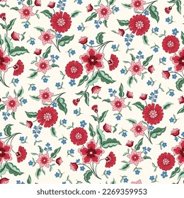 Indian Flowers Vector Seamless Pattern. Cottagecore Chintz Floral on White Background. Delicate Summer Boho Print