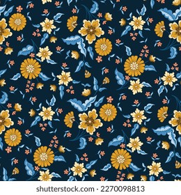 Indian Flowers Vector Seamless Pattern. Cottagecore Chintz Floral on Dark Background. Delicate Summer Boho Print